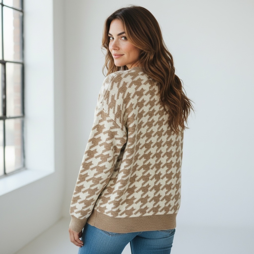 Listicle Taupe Houndstooth Pullover Knit Sweater Women’s Size Medium - Picture 4 of 11
